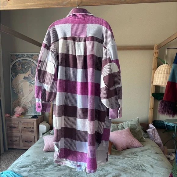 Free People - We The Free - Oversized plaid fleece jacket with elbow patch- S - Picture 3 of 7